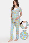 Zivame Maternity Retro Flowers Knit Cotton Pyjama Set - Cyan Blue — thumbnail 1